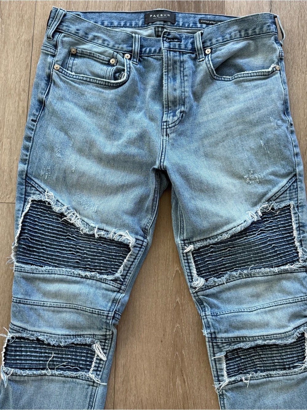 Men's Stacked light blue Skinny Motto Biker Jeans with Ribbed Knee Panels 34x32 - Picture 2 of 10